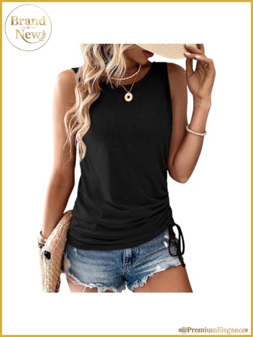 Womens Sleeveless Tank Top Drawstring Side Summer Casual Loose Fit